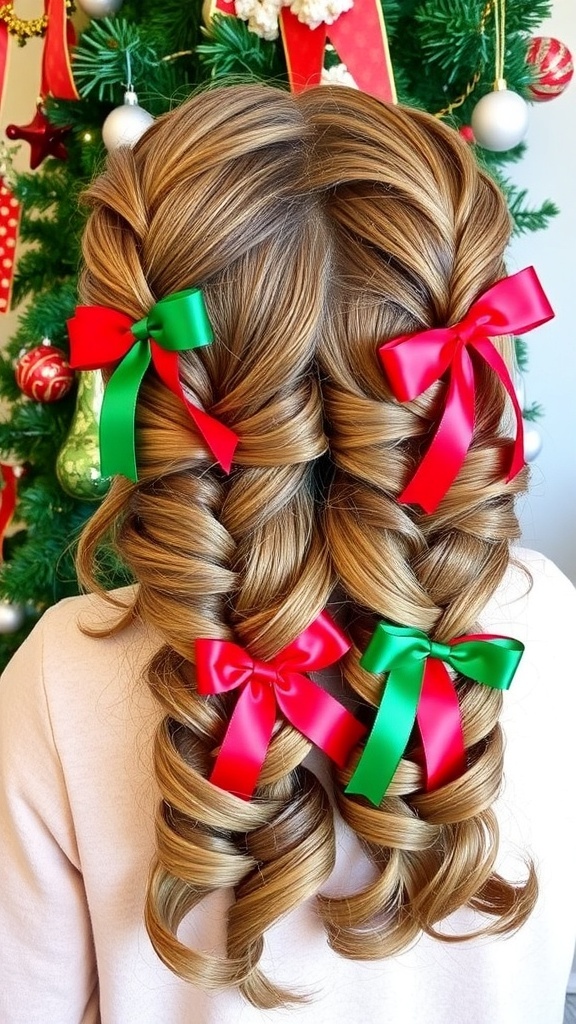 Two festive braids decorated with ribbons for a Christmas hairstyle.
